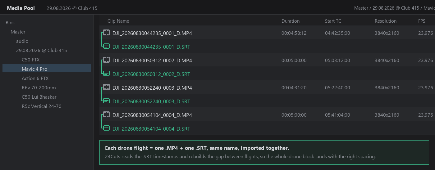 Media Pool with the drone bin: every .MP4 flight paired with its .SRT of the same name.