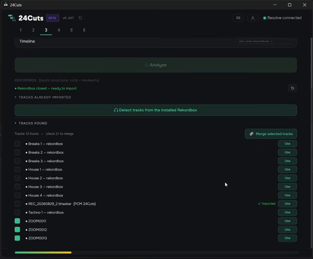 Rekordbox tracks detected: the files of our session (ZOOM0011, 0012 and 0013) ticked, and the Merge selected tracks button.