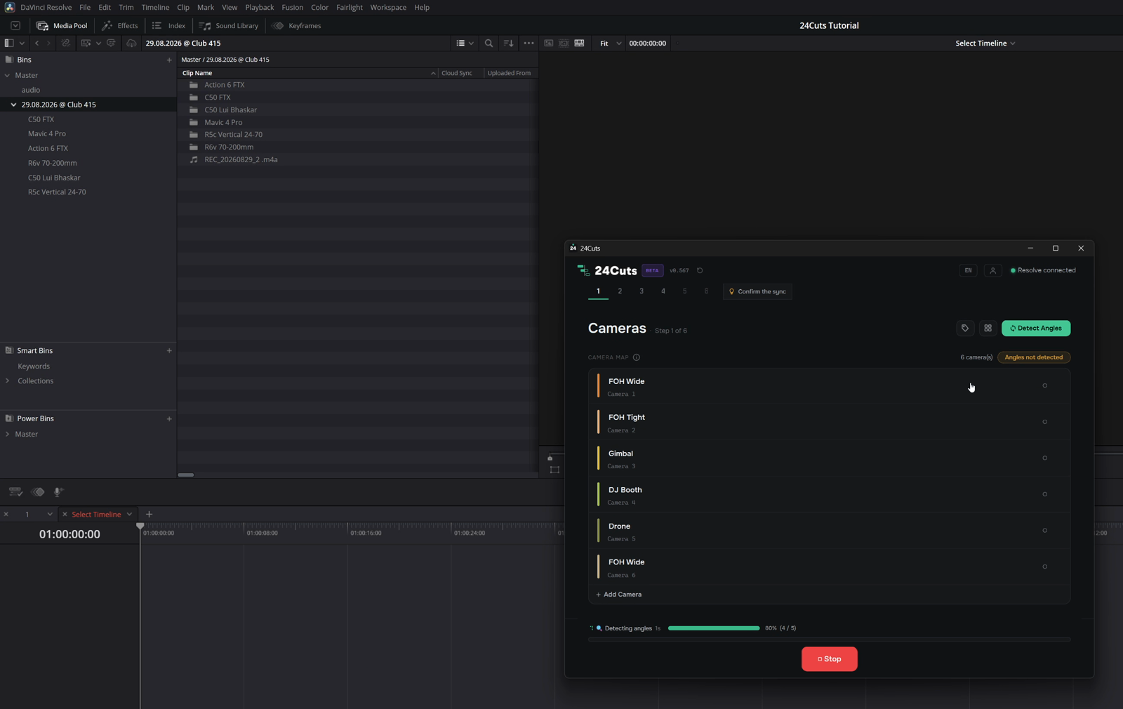 24Cuts open over Resolve, connected to the project, with the Camera Map already listing the cameras found in the Media Pool.