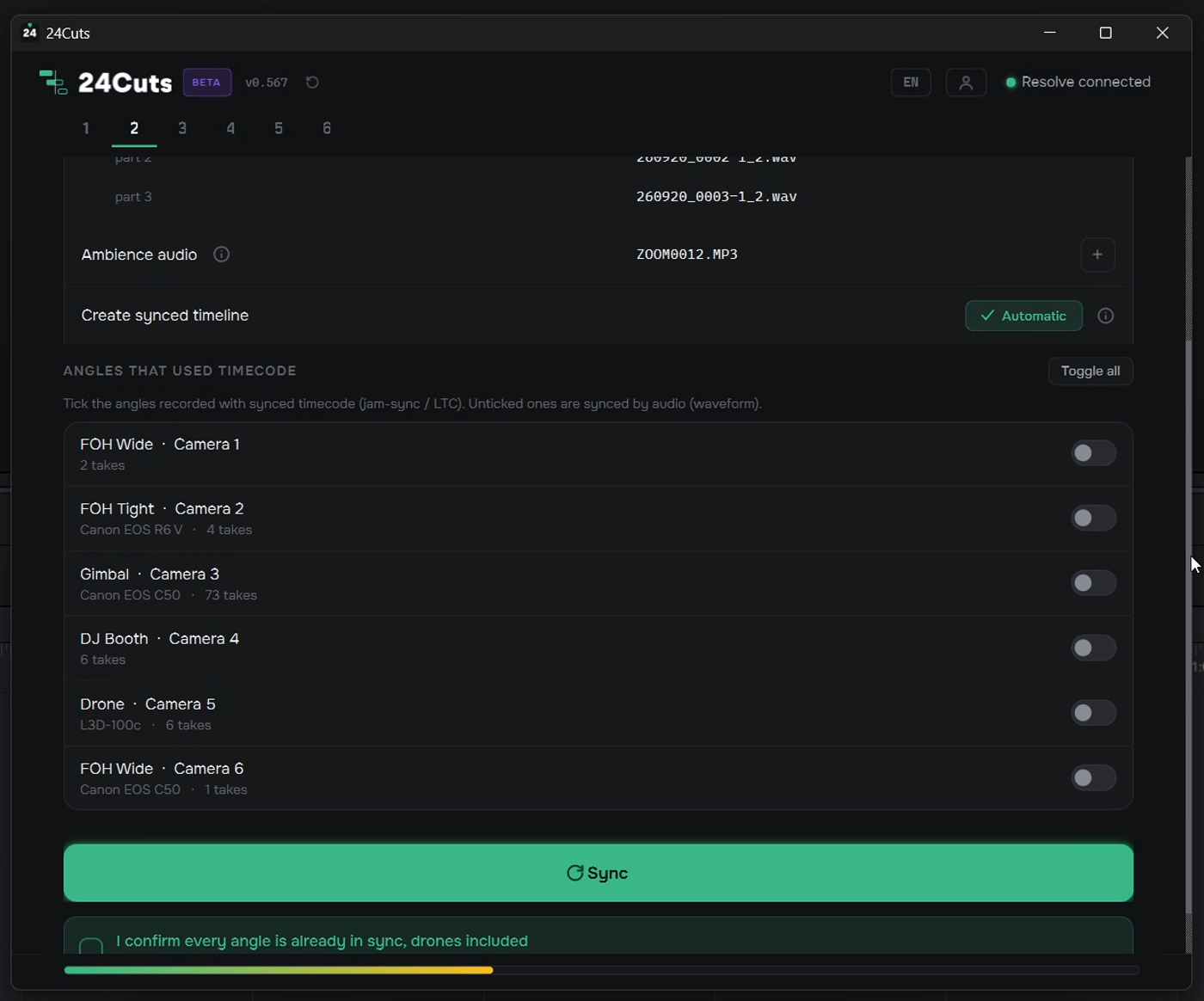 Sync page: the reference audio in three parts, the ambience audio, one timecode toggle per camera, and the Sync button.