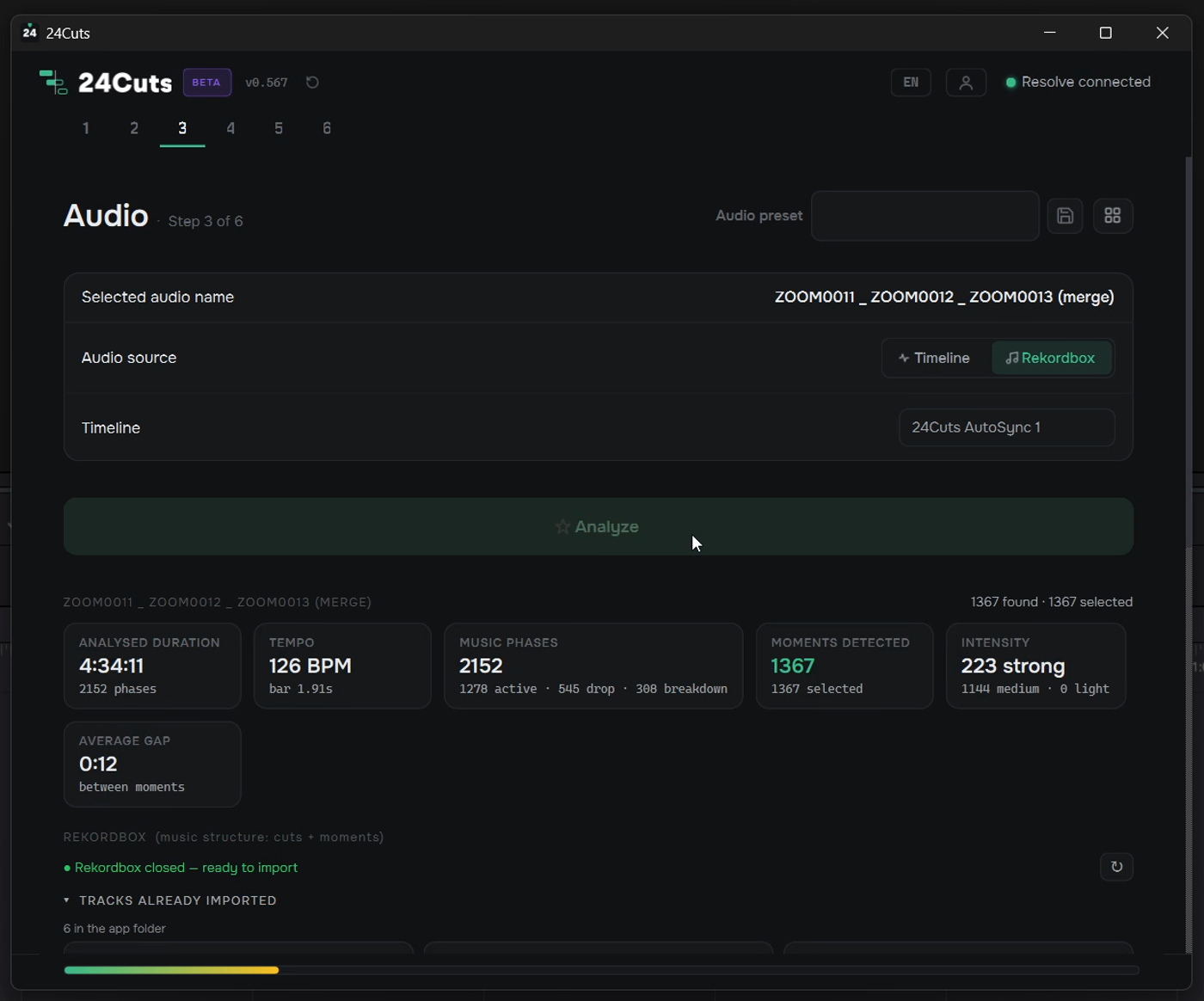 Audio page after Analyze: analysed duration, tempo, music phrases, moments detected, intensity and average gap.