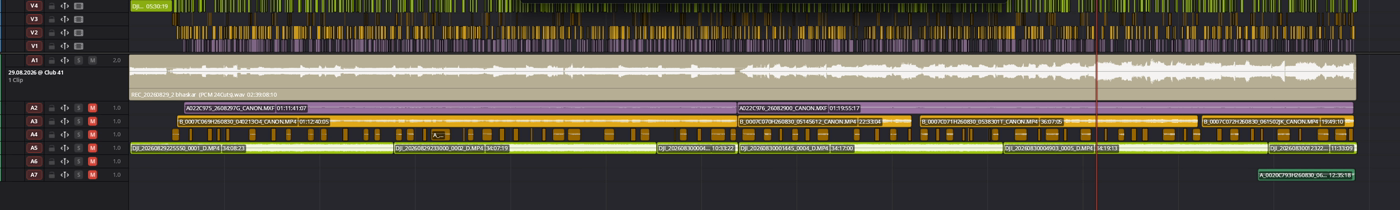 The edited set in Resolve: one video track per class, the reference audio on A1 starting at the very first frame of the timeline.